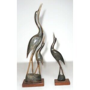 Lot of 2  VTG 60s Bird Stork Egret Heron Crane Carved Horn Mother Children India